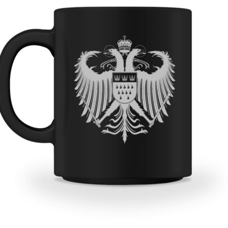 Kölner Wappen mit Adler in Hellgrau auf farbiger Keramik-Tasse