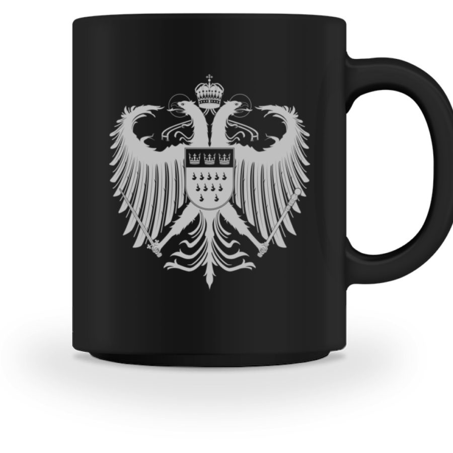Kölner Wappen mit Adler in Hellgrau auf farbiger Keramik-Tasse – Bild 2