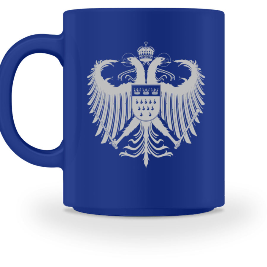 Kölner Wappen mit Adler in Hellgrau auf farbiger Keramik-Tasse – Bild 5