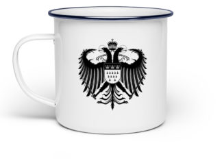 Kölner Wappen mit Adler in Schwarz auf Emaille Tasse