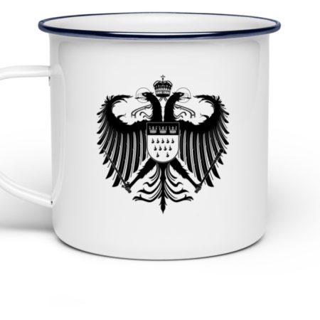 Kölner Wappen mit Adler in Schwarz auf Emaille Tasse