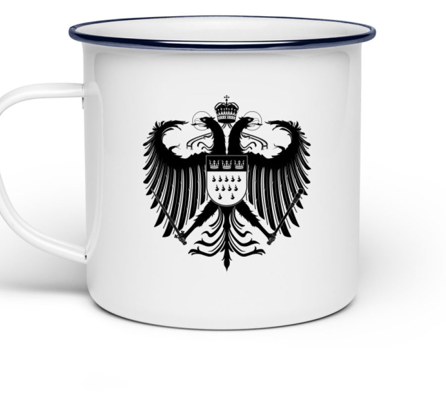 Kölner Wappen mit Adler in Schwarz auf Emaille Tasse