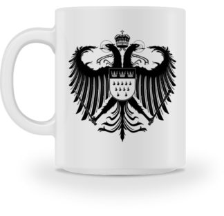 Kölner Wappen mit Adler in Schwarz auf weißer Keramik Tasse