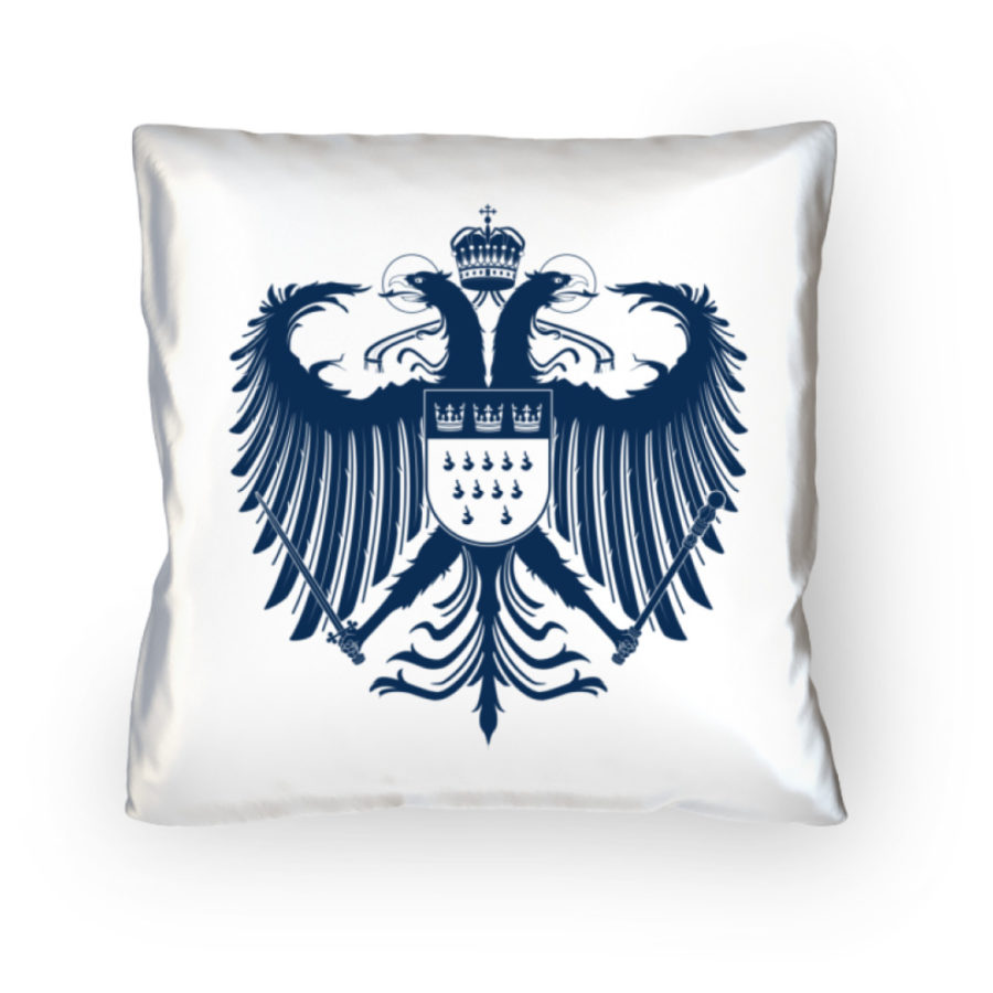 Kölner Wappen mit Adler in Dunkelblau auf weißem Kissen - 40x40cm