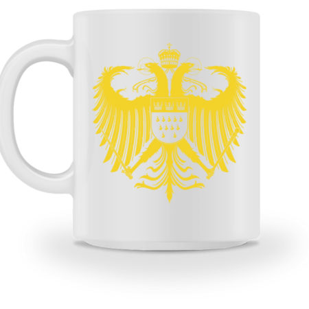Kölner Wappen mit Adler in Gelb auf weißer Keramik-Tasse