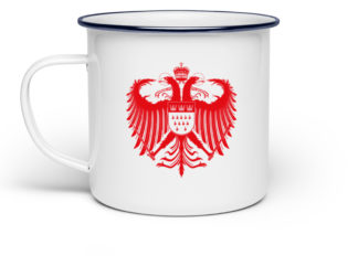 Kölner Wappen mit Adler in Rot auf weißer Emaille-Tasse