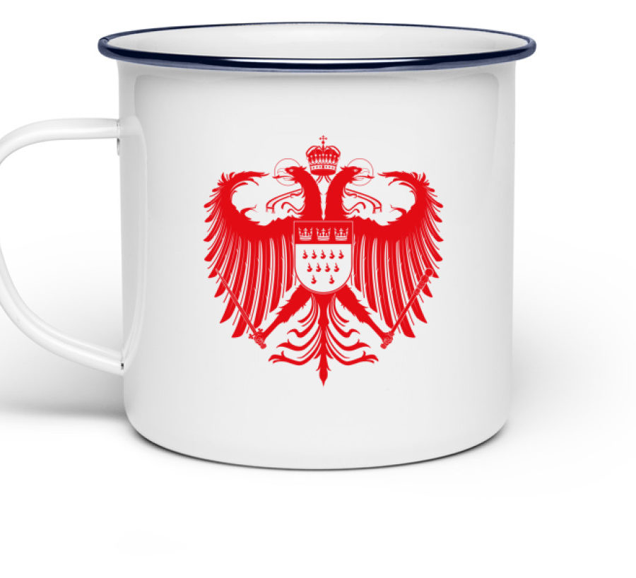 Kölner Wappen mit Adler in Rot auf weißer Emaille-Tasse