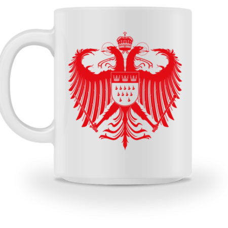 Kölner Wappen mit Adler in Rot auf weißer Keramiktasse