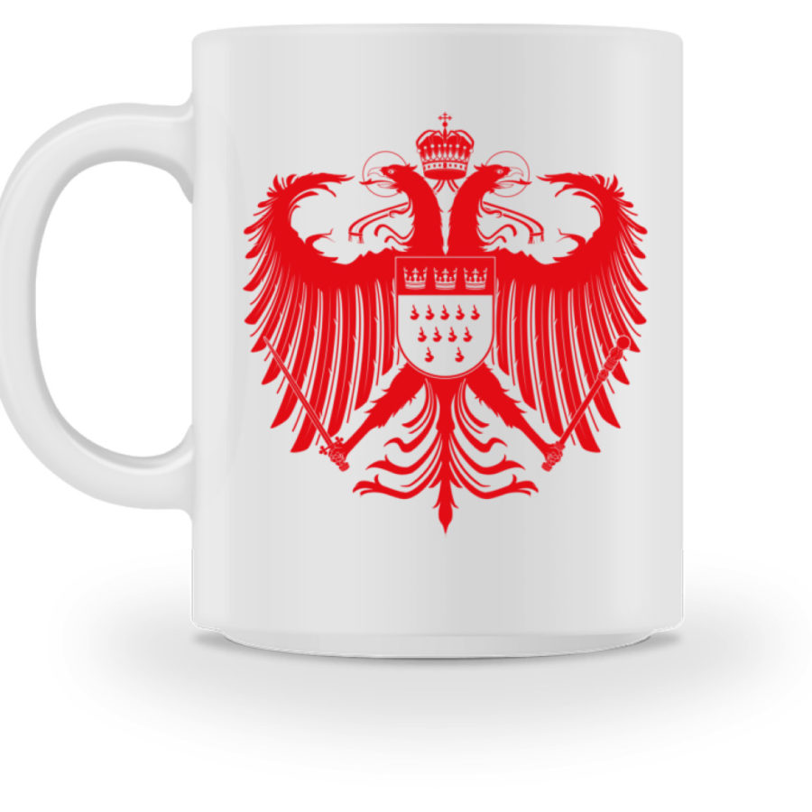 Kölner Wappen mit Adler in Rot auf weißer Keramiktasse