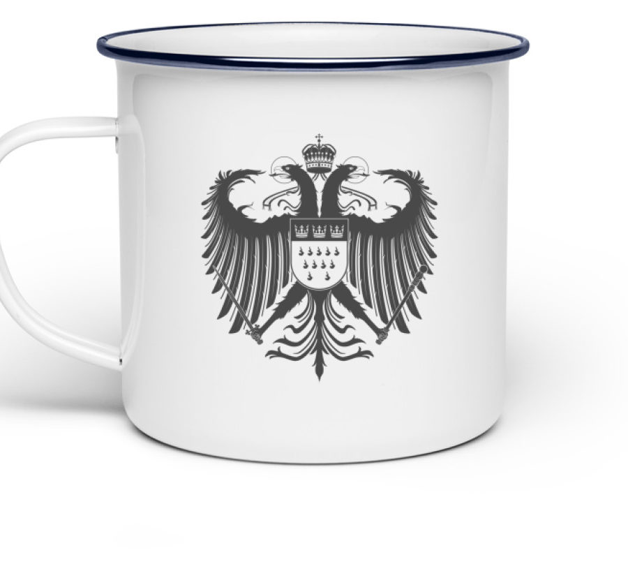 Kölner Wappen mit Adler in Dunkelgrau auf Emaille Tasse
