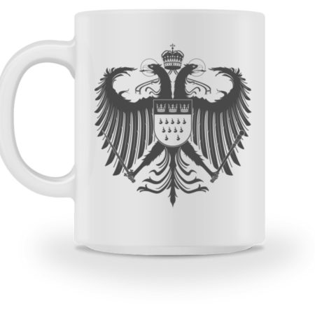 Kölner Wappen mit Adler in Dunkelgrau auf weißer Keramik-Tasse