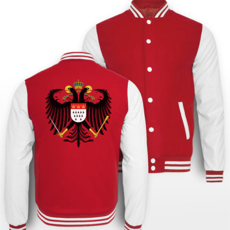 Kölner Farben College-Sweatjacke auf Rückseite mit großem Kölner Wappen bedruckt.