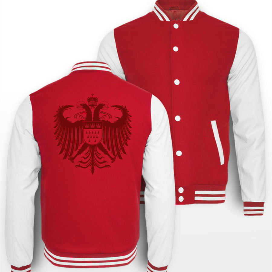 Kölner Wappen mit Adler in Dunkelrot auf College-Sweatjacke (Rücken)