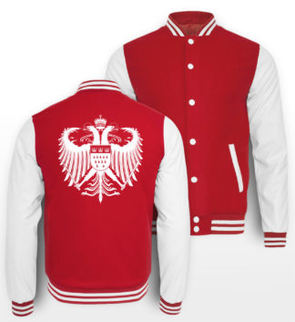 Kölner Farben College-Sweatjacke auf Rückseite mit großem Kölner Wappen in Weiß bedruckt.