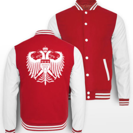Kölner Farben College-Sweatjacke auf Rückseite mit großem Kölner Wappen in Weiß bedruckt.