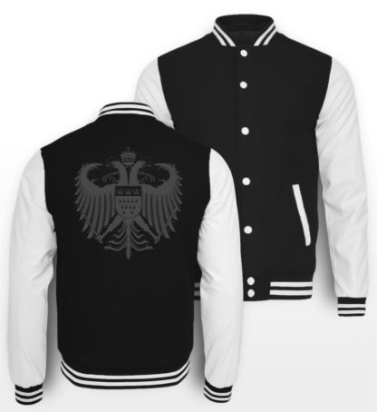 Schwarz-Weiße College-Jacke mit dunkelgrauem Kölner Wappen mittig groß auf Rücken