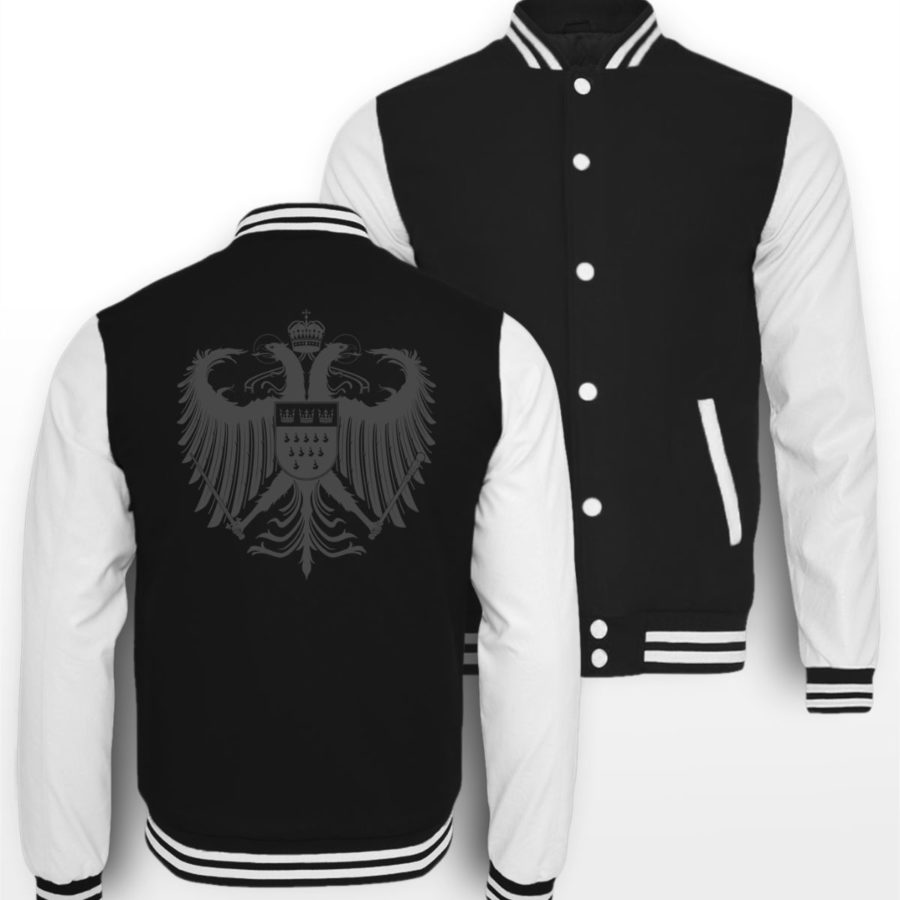 Schwarz-Weiße College-Jacke mit dunkelgrauem Kölner Wappen mittig groß auf Rücken