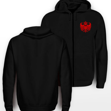 Schwarzer Zip Hoodie mit rotem Köln-Wappen auf linker Brust.