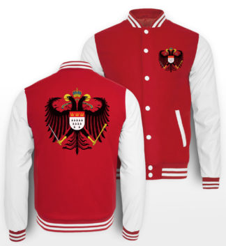 Rot-Weiße College-Jacke mit Kölner Wappen klein auf linker Brust & mittig groß auf Rücken