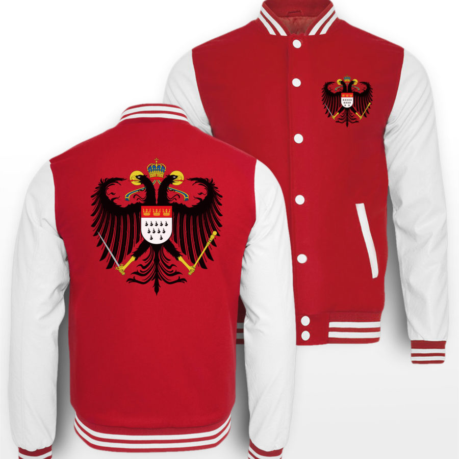 Rot-Weiße College-Jacke mit Kölner Wappen klein auf linker Brust & mittig groß auf Rücken