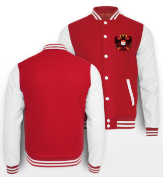Rot-Weiße College-Jacke mit Kölner Wappen klein auf linker Brust