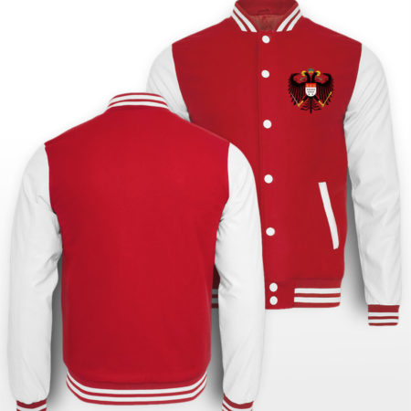 Rot-Weiße College-Jacke mit Kölner Wappen klein auf linker Brust
