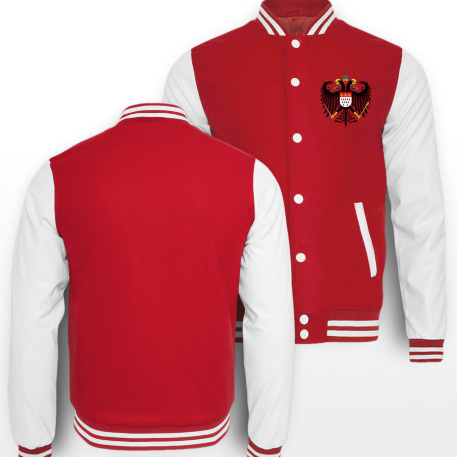 Rot-Weiße College-Jacke mit Kölner Wappen klein auf linker Brust