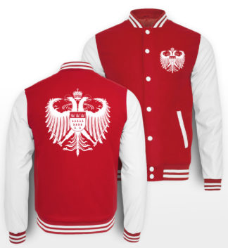 Rot-Weiße College-Jacke mit weißem Kölner Wappen klein auf linker Brust & mittig groß auf Rücken