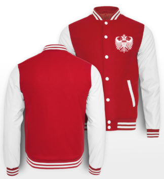 Rot-Weiße College-Jacke mit weißem Kölner Wappen klein auf linker Brust