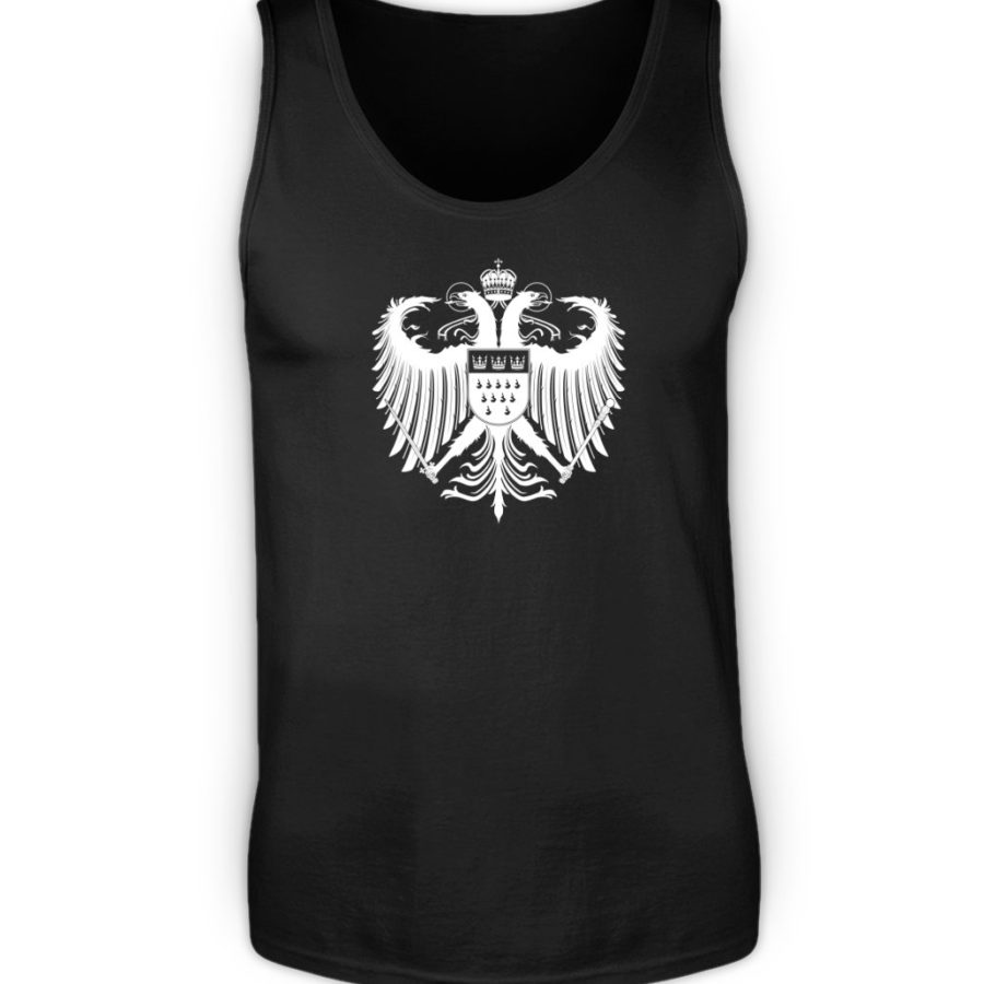 Schwarzes Herren-Tanktop mit weißem Wappen von Köln mittig auf der Brust