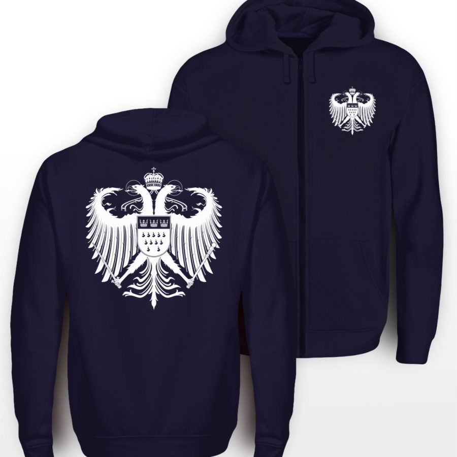 Navyblauer Zipper mit weißem Kölner Wappen klein auf linker Brust &und mittig groß auf Rücken.