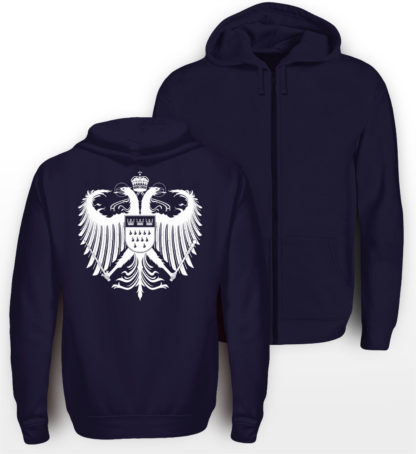 Navyblauer Zipper mit weißem Kölner Wappen mittig groß auf Rücken.