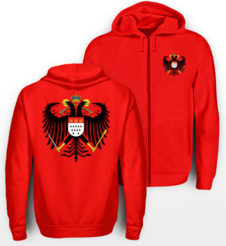 Roter Zipper mit Kölner Wappen klein auf linker Brust und groß mittig auf dem Rücken.