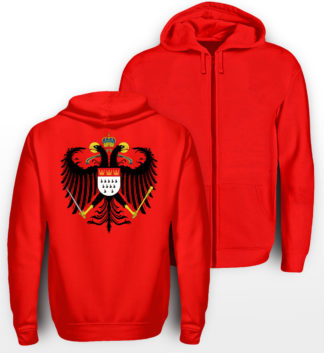 Roter Zipper mit Kölner Wappen groß mittig auf Rücken.