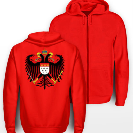 Roter Zipper mit Kölner Wappen groß mittig auf Rücken.