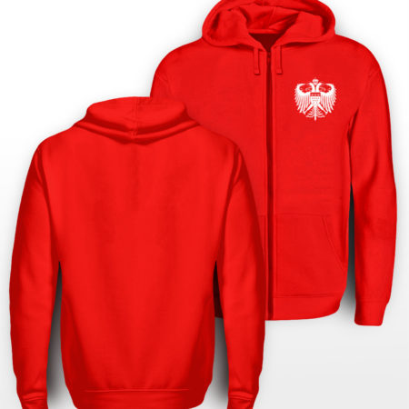 Roter Zipper mit weißem Kölner Wappen klein auf linker Brust.