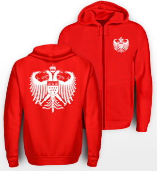 Roter Zipper mit weißem Kölner Wappen klein auf linker Brust &und mittig groß auf Rücken.