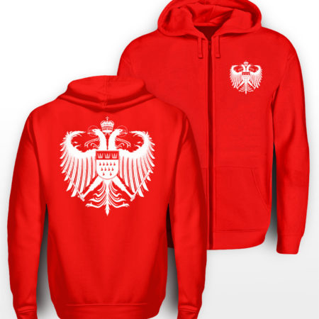 Roter Zipper mit weißem Kölner Wappen klein auf linker Brust &und mittig groß auf Rücken.