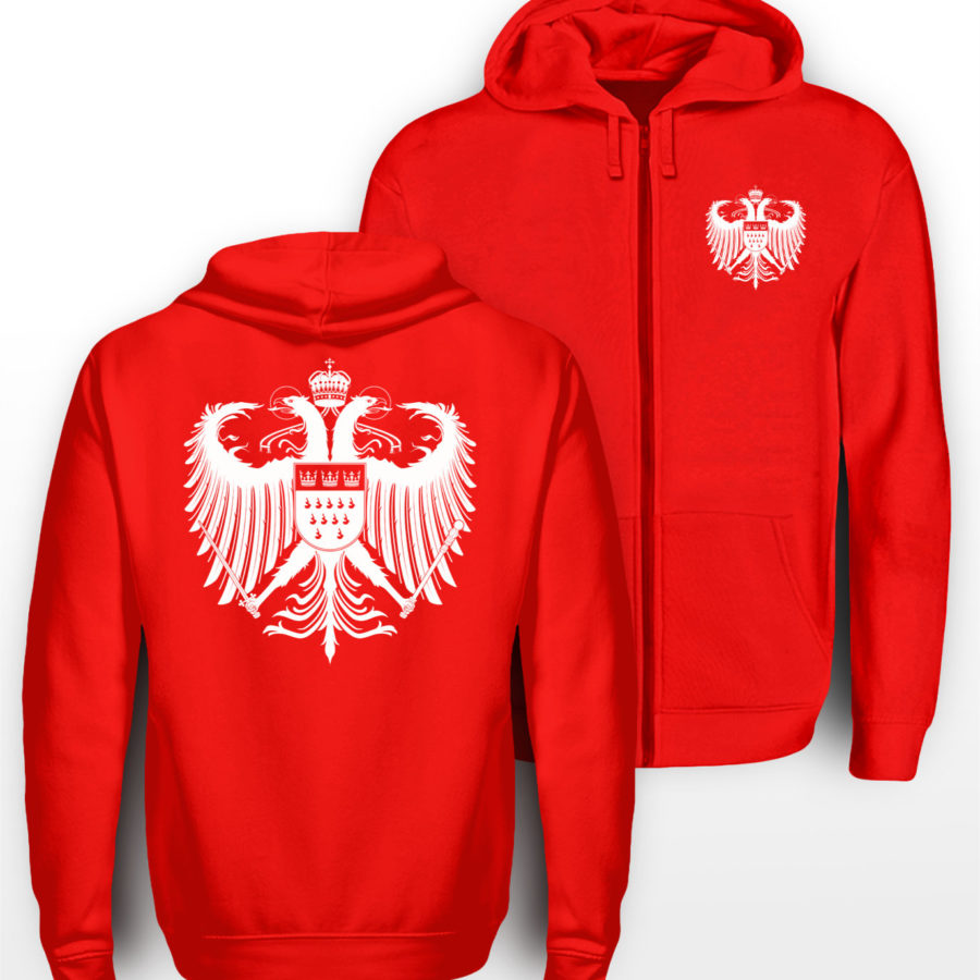 Roter Zipper mit weißem Kölner Wappen klein auf linker Brust &und mittig groß auf Rücken.