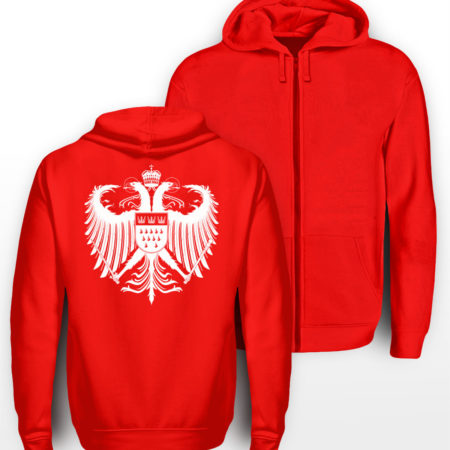 Roter Zipper mit weißem Kölner Wappen klein auf linker Brust &und mittig groß auf Rücken.