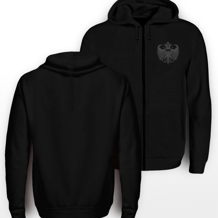 Schwarzer Zipper mit dunkelgrauem Kölner Wappen klein auf linker Brust.