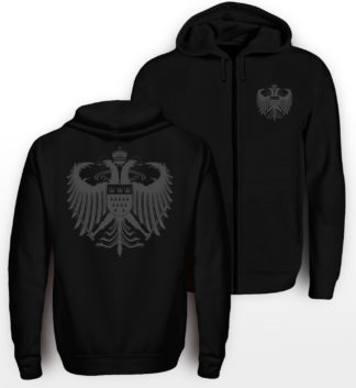 Schwarzer Zipper mit dunkelgrauem Kölner Wappen klein auf linker Brust und groß mittig auf dem Rücken.