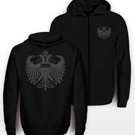 Schwarzer Zipper mit dunkelgrauem Kölner Wappen klein auf linker Brust und groß mittig auf dem Rücken.