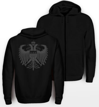 Schwarzer Zipper mit dunkelgrauem Kölner Wappen groß mittig auf Rücken.
