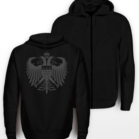 Schwarzer Zipper mit dunkelgrauem Kölner Wappen groß mittig auf Rücken.