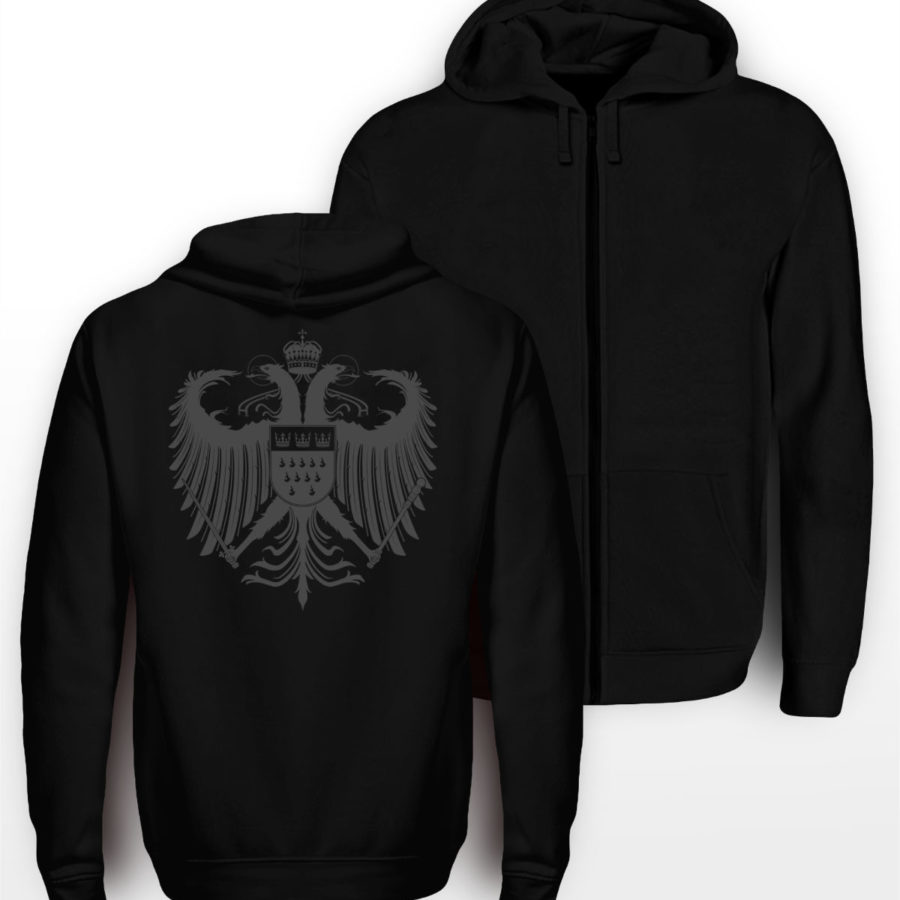Schwarzer Zipper mit dunkelgrauem Kölner Wappen groß mittig auf Rücken.