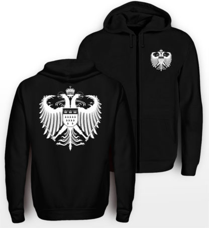 Schwarzer Zipper mit weißem Kölner Wappen klein auf linker Brust &und mittig groß auf Rücken.