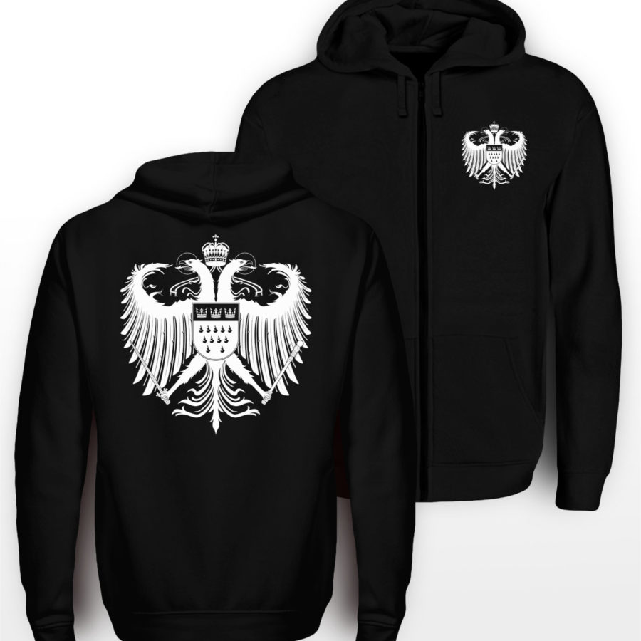 Schwarzer Zipper mit weißem Kölner Wappen klein auf linker Brust &und mittig groß auf Rücken.