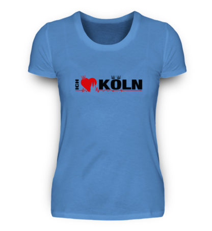 Aqua-türkises Damen-T-Shirt mit "Ich liebe Köln" Aufdruck; mittig auf Brust wobei ein rotes Herz das Wort Liebe symbolisiert und das Wort ich hochkant, während das Wort Köln waagerecht geschrieben ist - Somit kann das Motiv auf dem T-Shirt aus Entfernung auch als "I love Köln" gelesen werden.