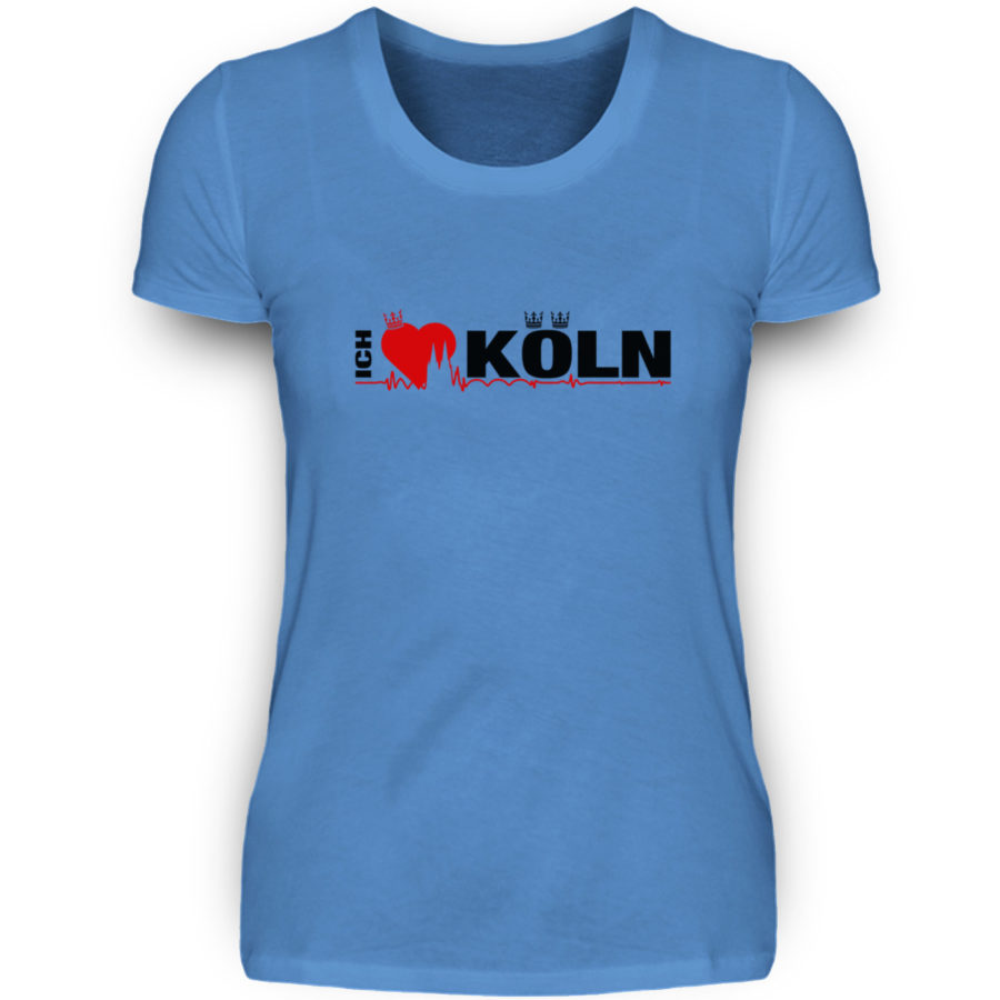 Aqua-türkises Damen-T-Shirt mit "Ich liebe Köln" Aufdruck; mittig auf Brust wobei ein rotes Herz das Wort Liebe symbolisiert und das Wort ich hochkant, während das Wort Köln waagerecht geschrieben ist - Somit kann das Motiv auf dem T-Shirt aus Entfernung auch als "I love Köln" gelesen werden.